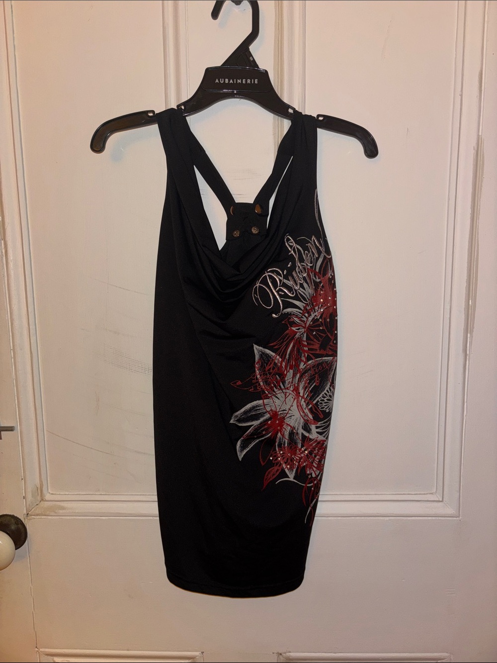 Riviera Black Tank with Red & White Floral Side Graphic